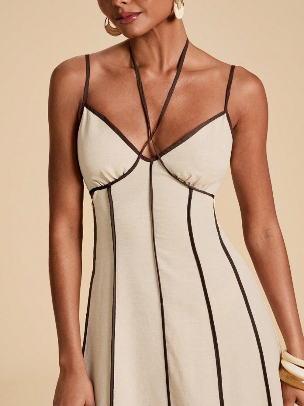 Apricot Elegant Women's Contrast Trim Backless Camisole Dress - Picture 5 of 8
